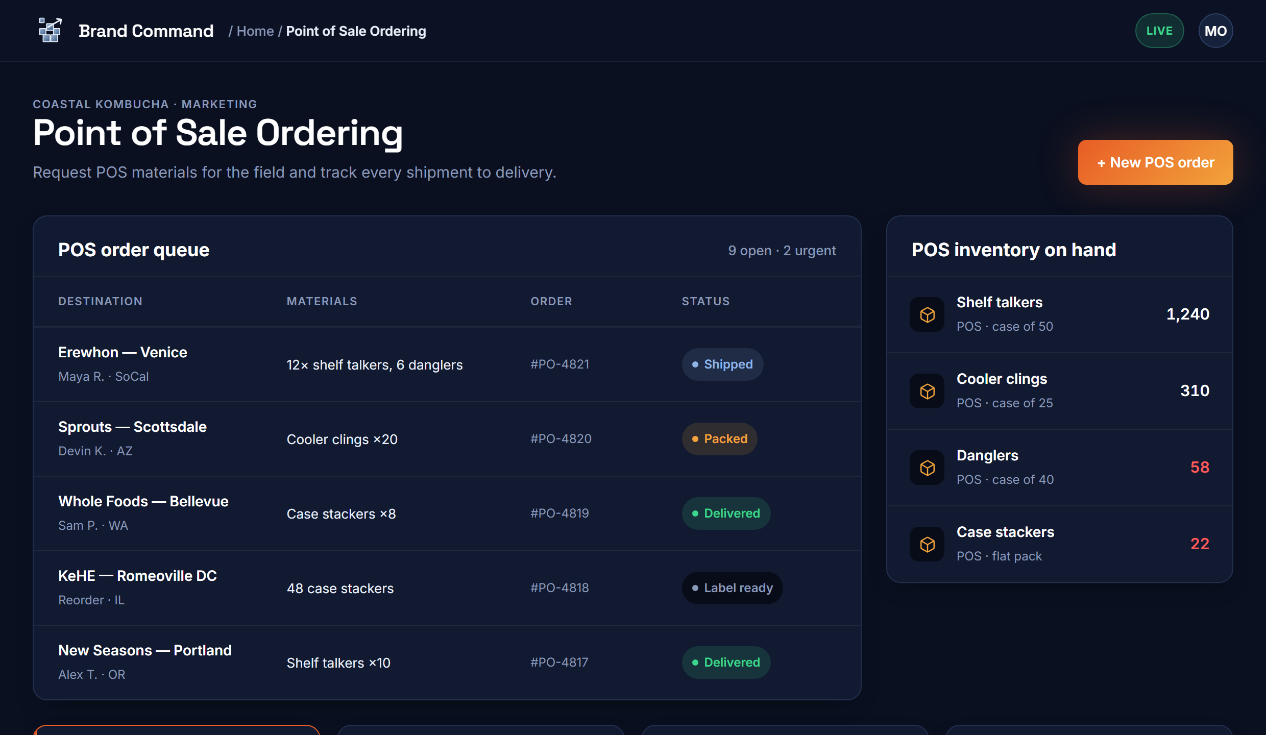 Point of Sale Ordering — request POS materials and track shipping